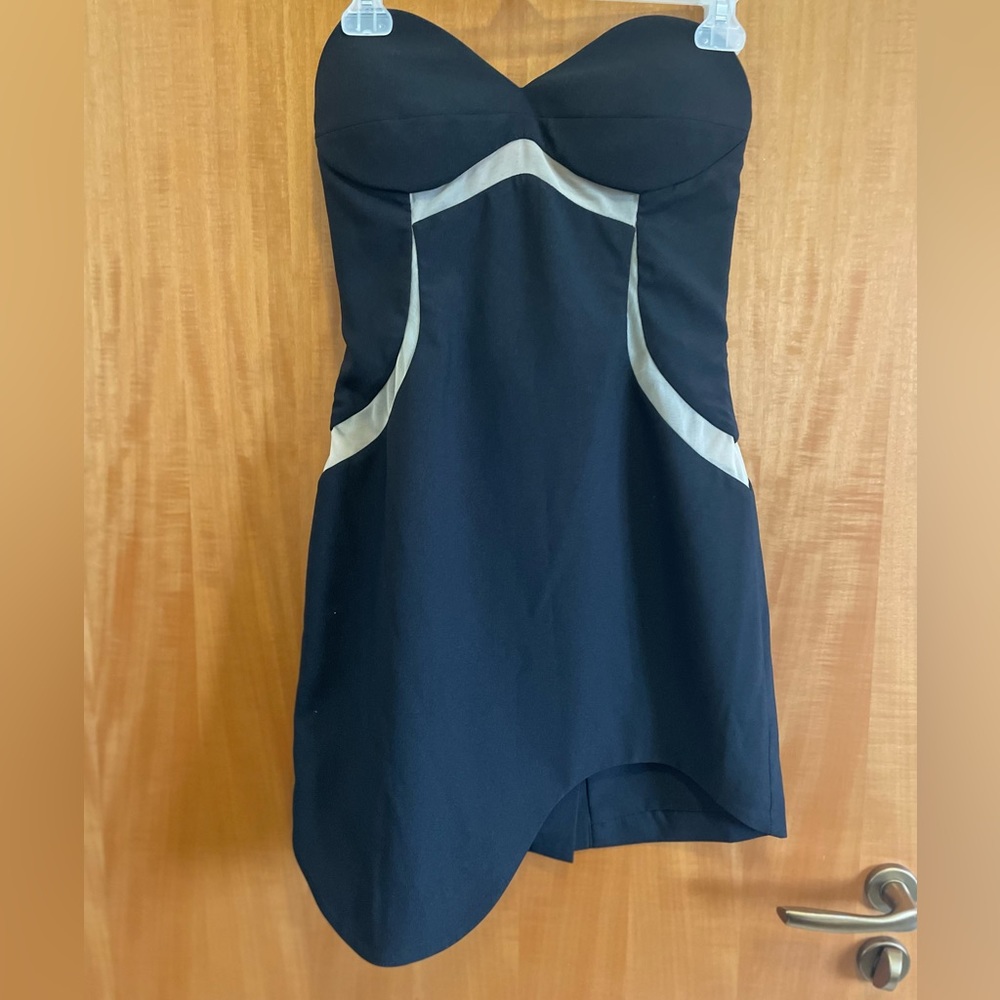Three Floor Strapless Mini Dress in Black with Mesh See Thru Trim - Picture 3 of 4